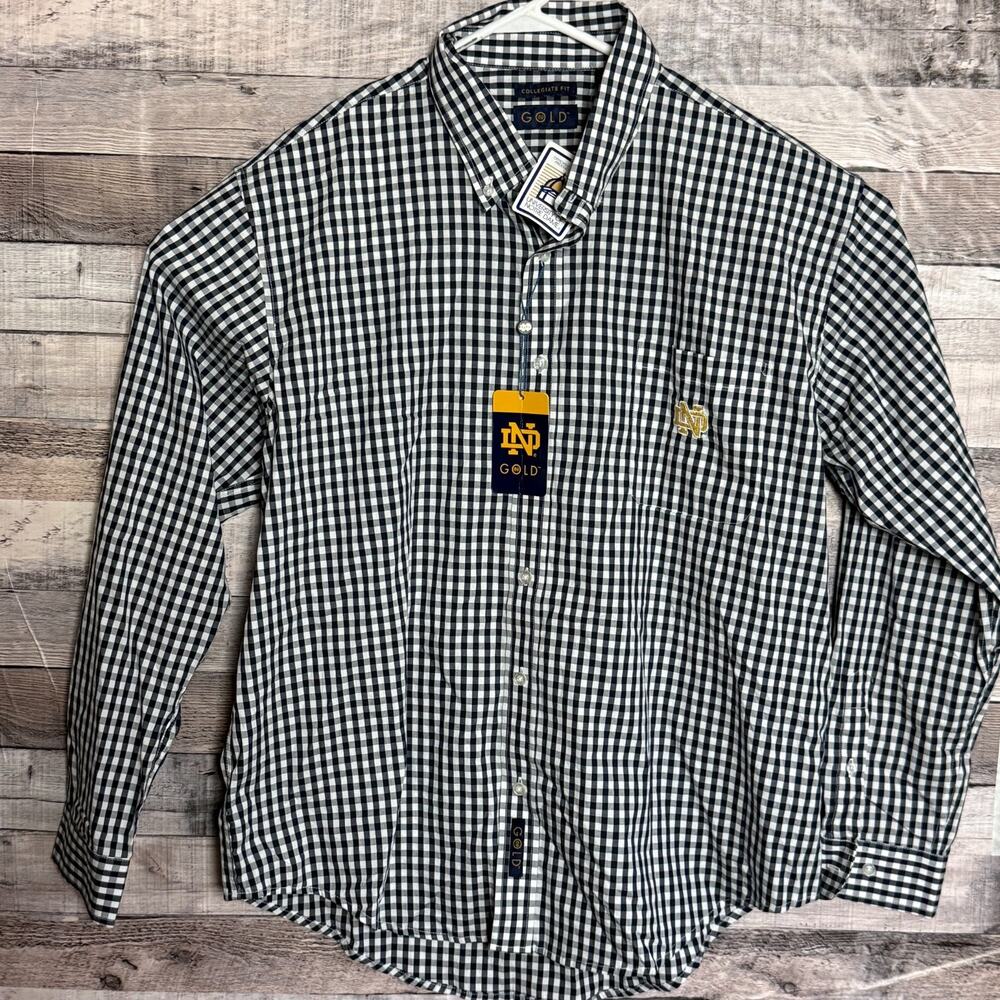 Notre Dame Fightin Irish Shirt Mens XL Blue White Checkered Button Up NEW